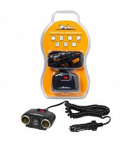 AIR LINE ASP-2U-11 Прикуриватель-разветвитель 2 гнезда + 2USB с витым шнуром, штекер-фиксатор
